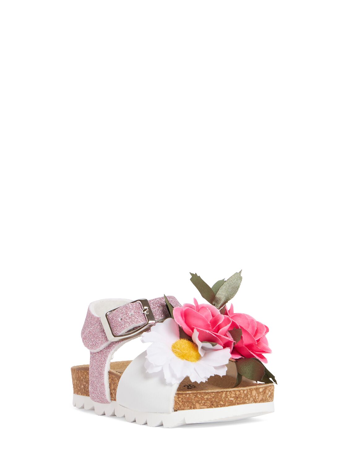 Shop Monnalisa Faux Leather Sandals W/flower Appliqués In White