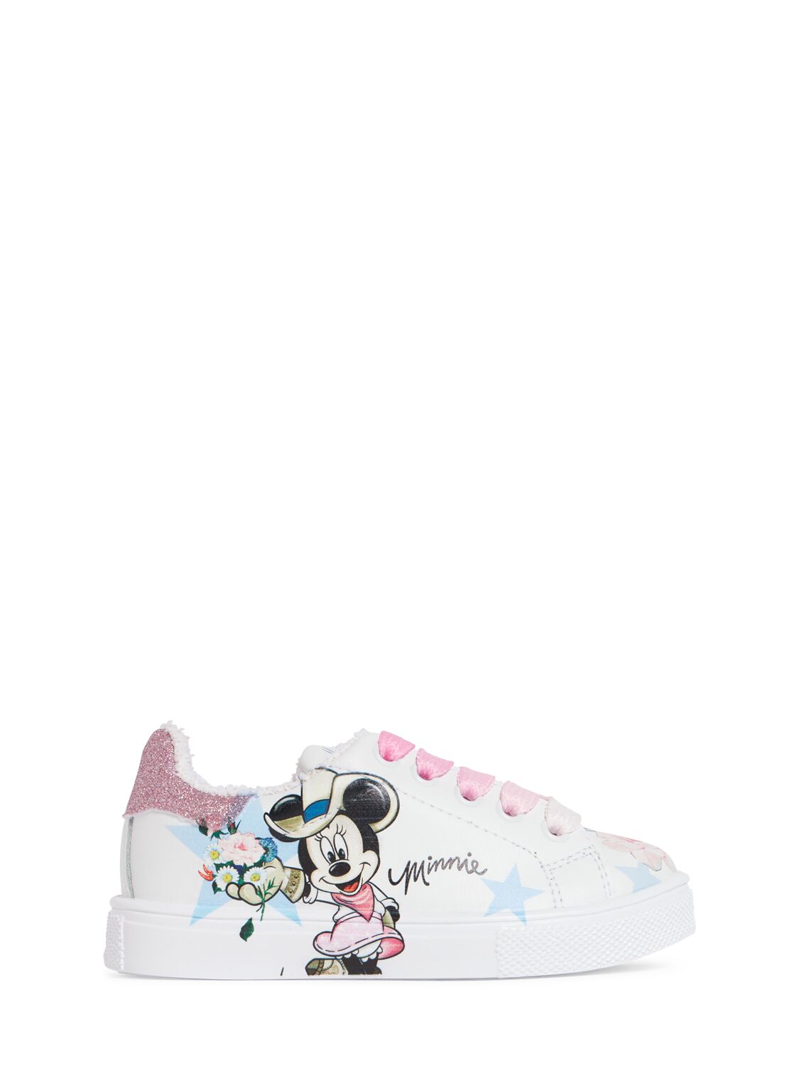 Monnalisa Kids' Disney-print Leather Sneakers In White + Rosa Fairytale