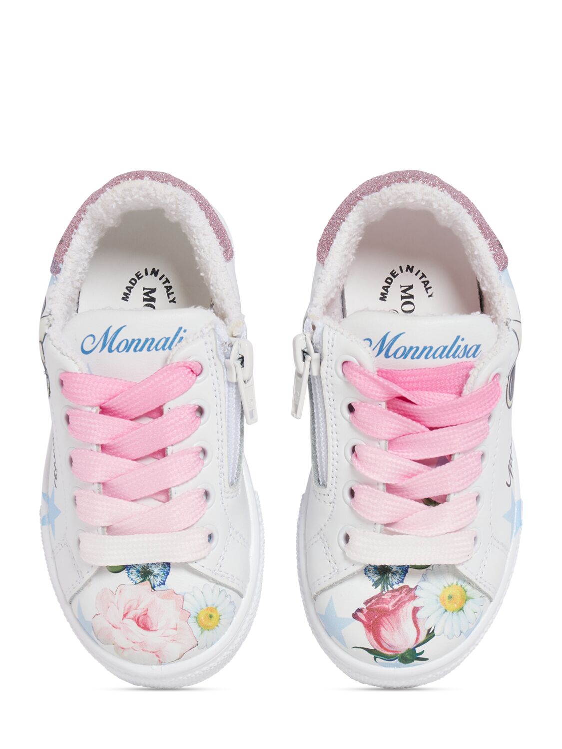 Shop Monnalisa Printed Leather Sneakers In White,pink