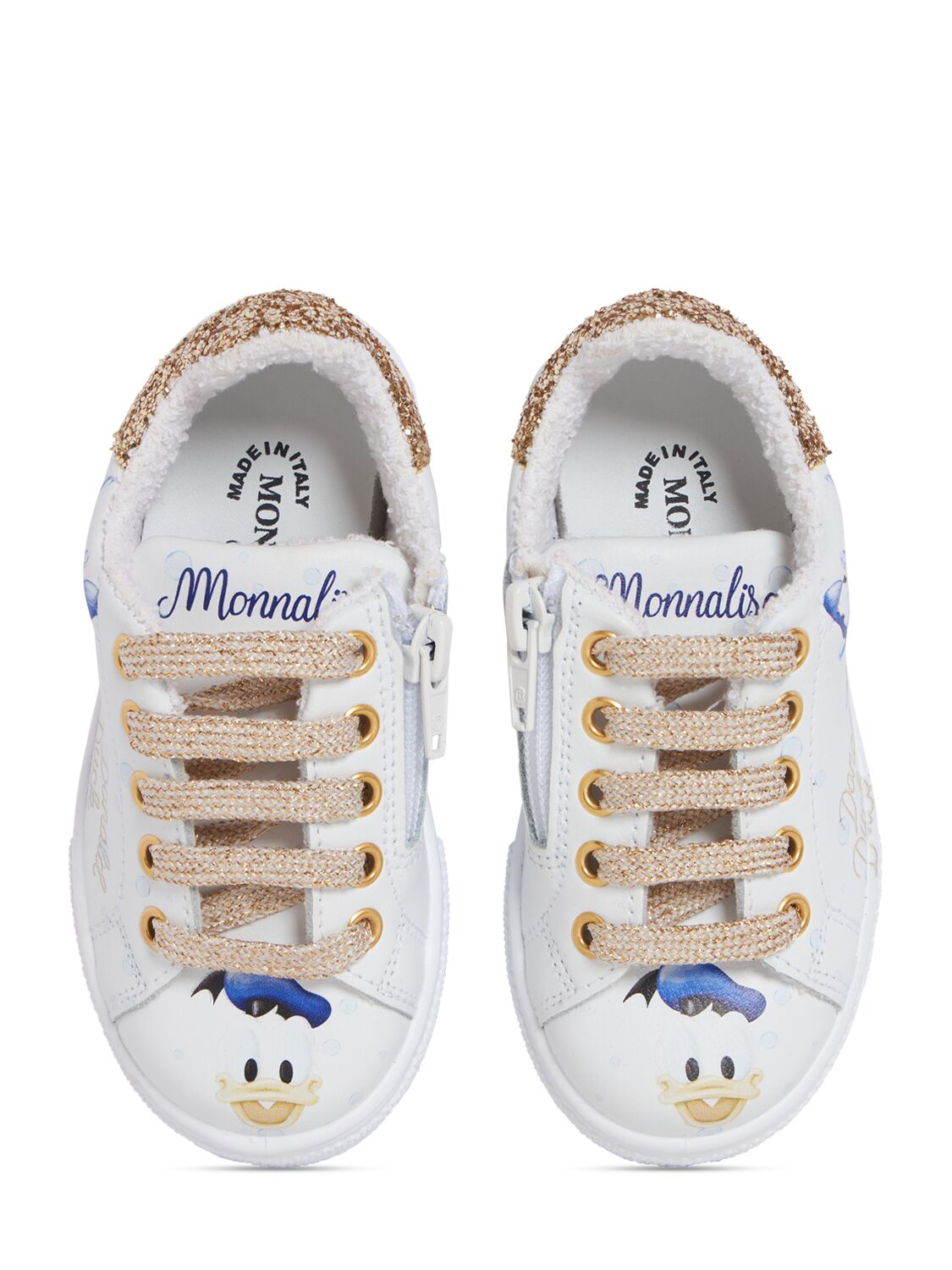 Shop Monnalisa Paperino Printed Leather Sneakers In White