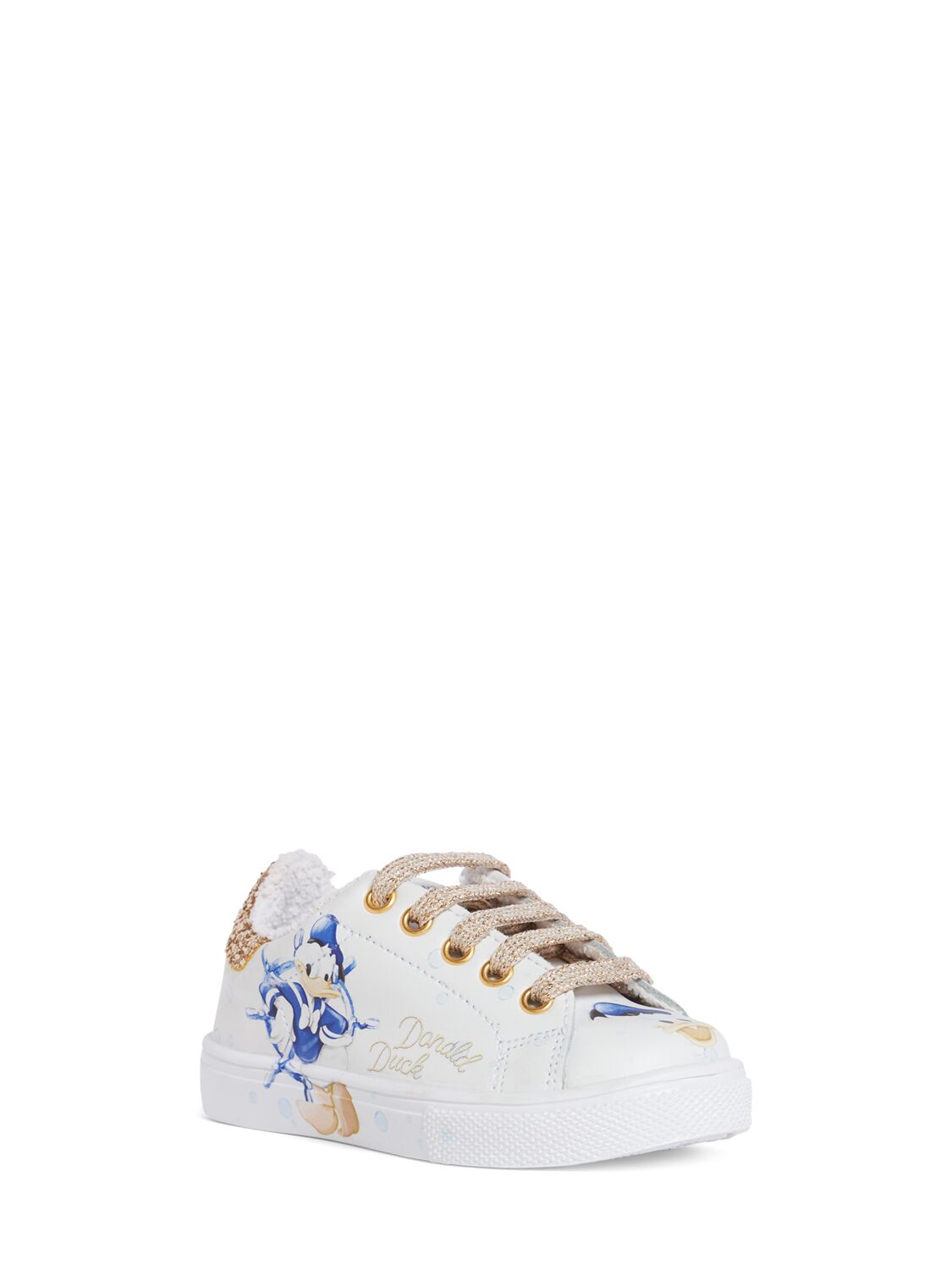 Shop Monnalisa Paperino Printed Leather Sneakers In White