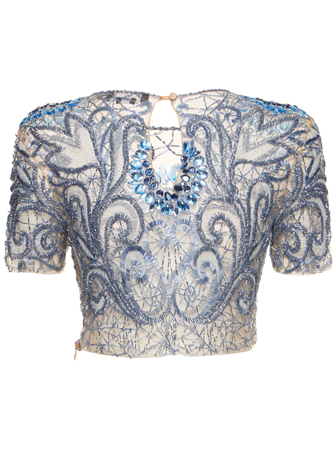 Shop Patbo Hand-beaded Tulle Crop Top In Blue