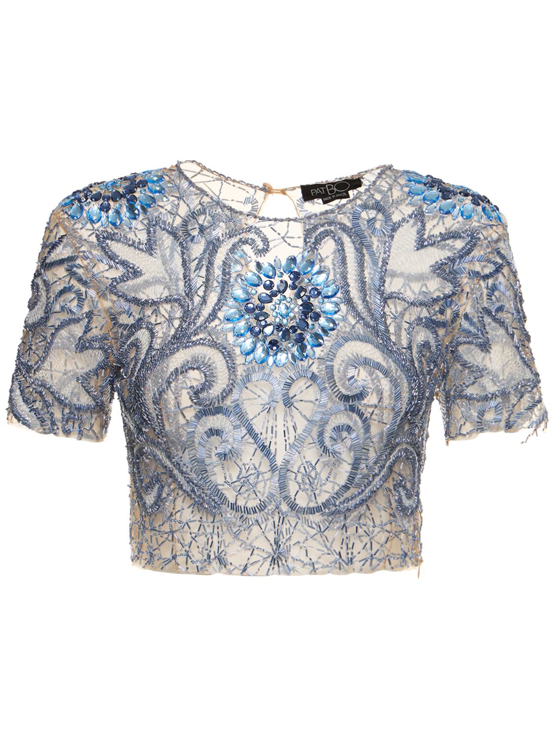 Patbo Hand-beaded Tulle Crop Top In Blue
