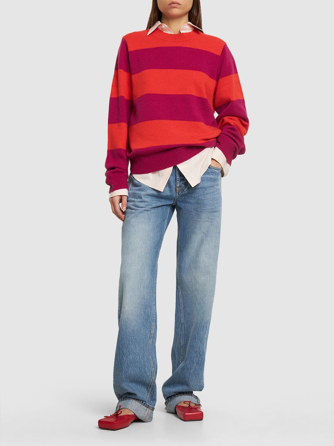 Shop Guest In Residence Striped Cashmere Crewneck Sweater In Fuchsia,red