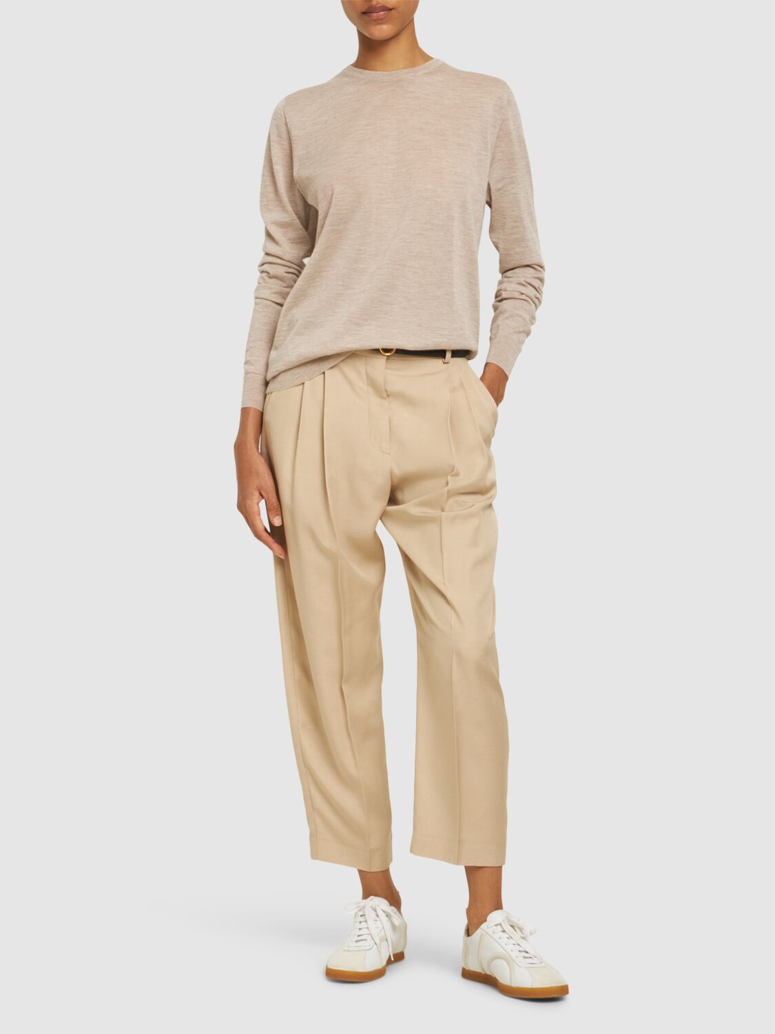 Shop Stella Mccartney Iconic Pleated Satin Cropped Pants In Beige