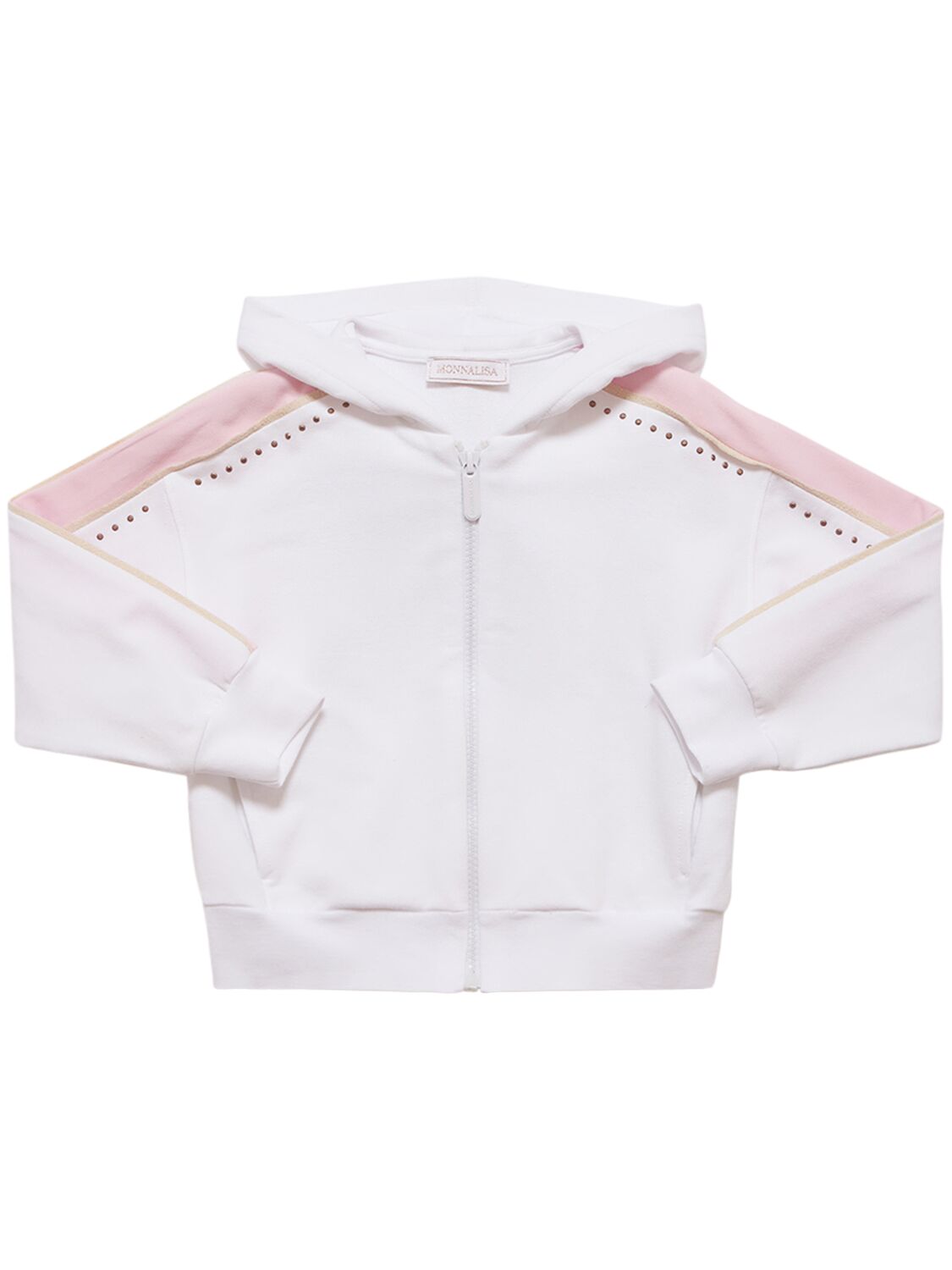 Monnalisa Kids' Full-zip Hooded Cotton Sweatshirt In White,pink