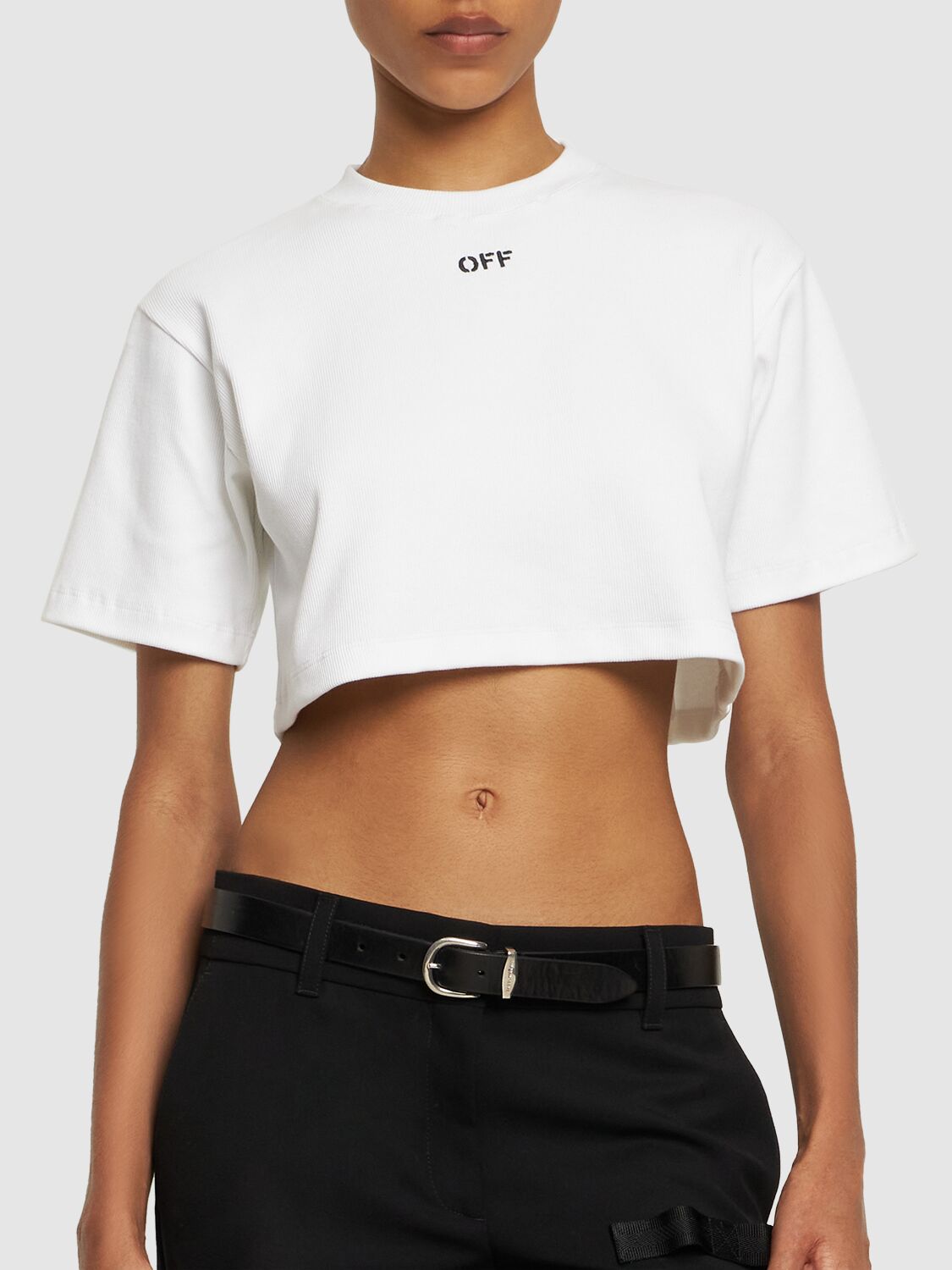 Shop Off-white Logo Cotton Blend Cropped T-shirt In White