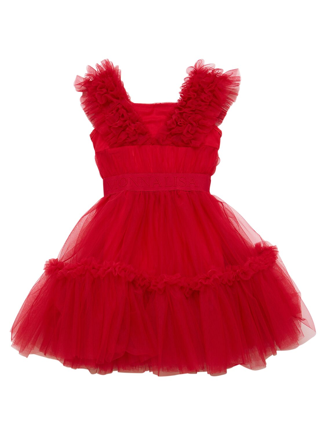 Monnalisa Kids' Embroidered Satin & Tulle Dress In Red