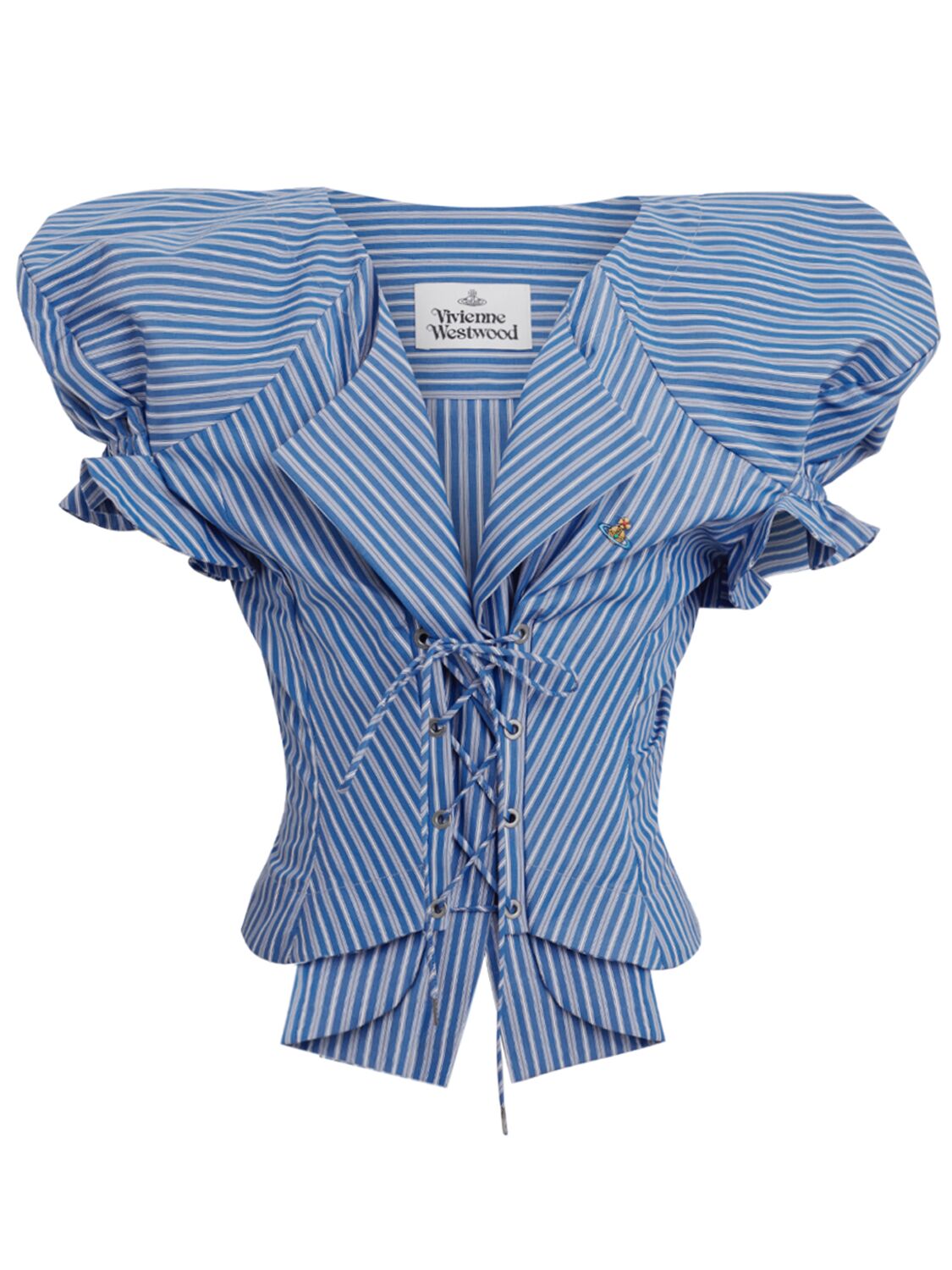 Shop Vivienne Westwood Kate Striped Cotton Lace-up Top In Light Blue,white