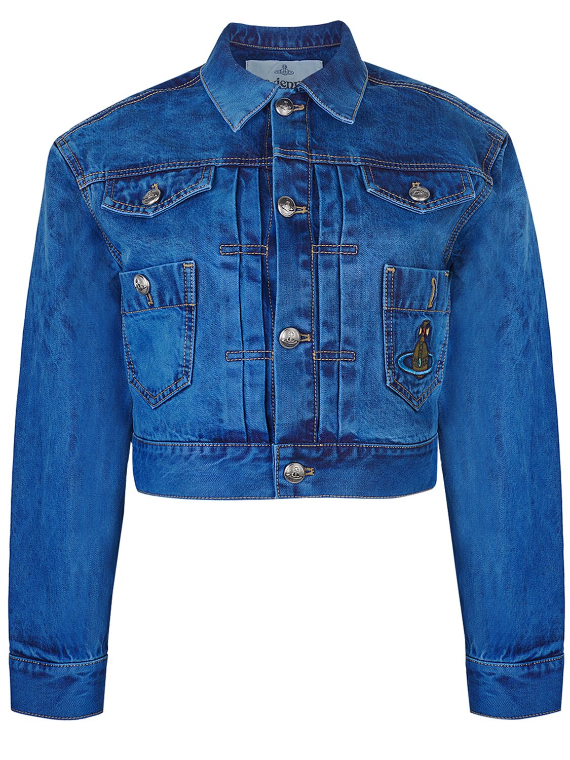 Shop Vivienne Westwood Marlene Chambray Cropped Jacket In Blue