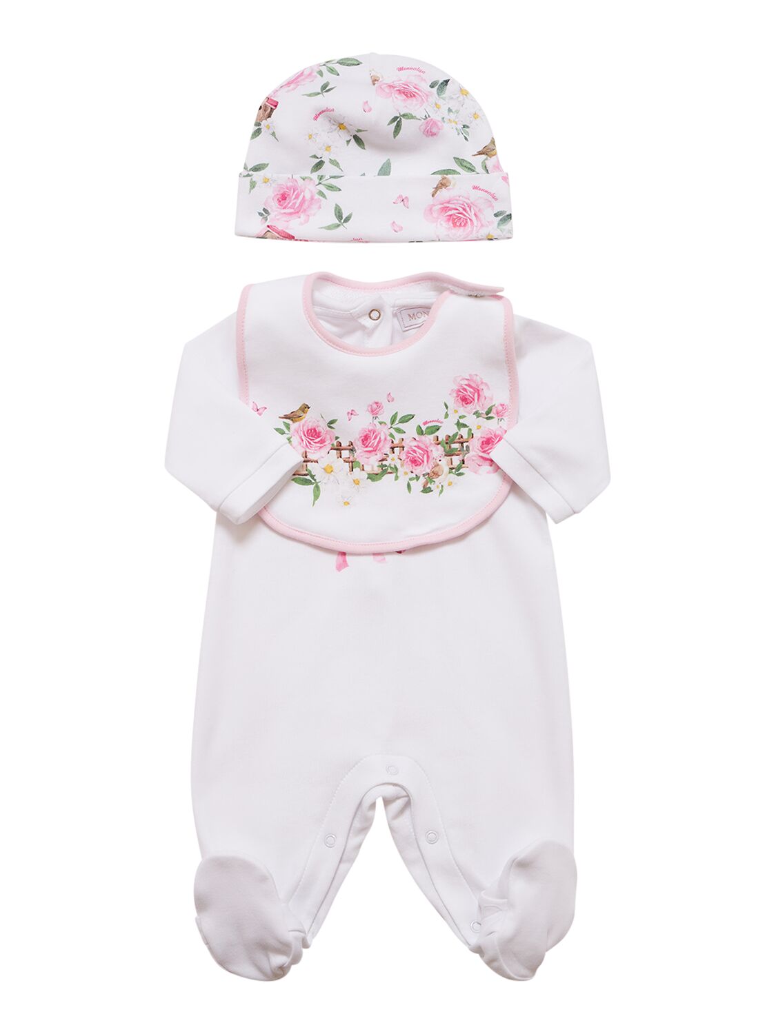 Monnalisa Babies' Cotton Interlock Jumpsuit, Hat & Bib In White