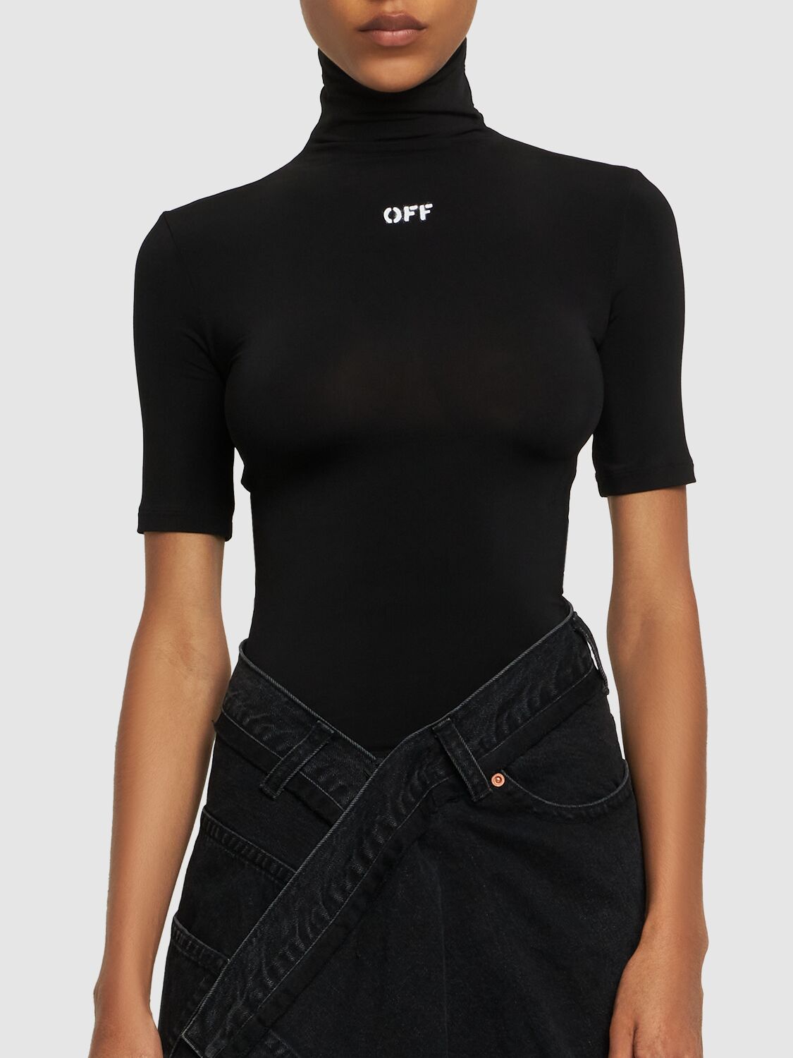 Shop Off-white Logo Viscose Blend Turtleneck S/s Top In Black