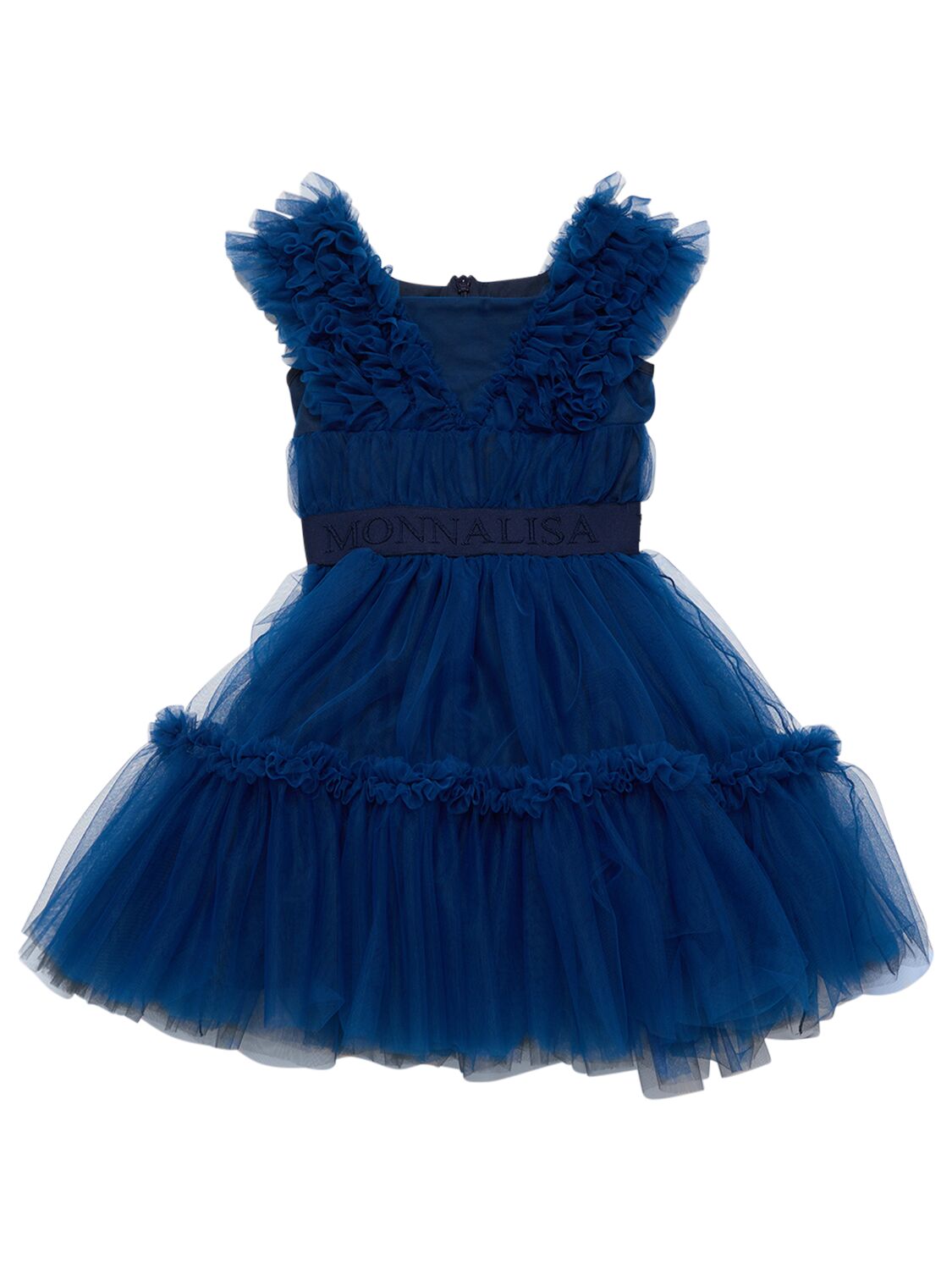 Shop Monnalisa Embroidered Satin & Tulle Dress In Blue