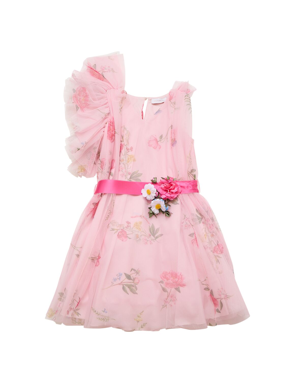 Monnalisa Kids' Printed Tulle Dress W/belt In Pink,multi