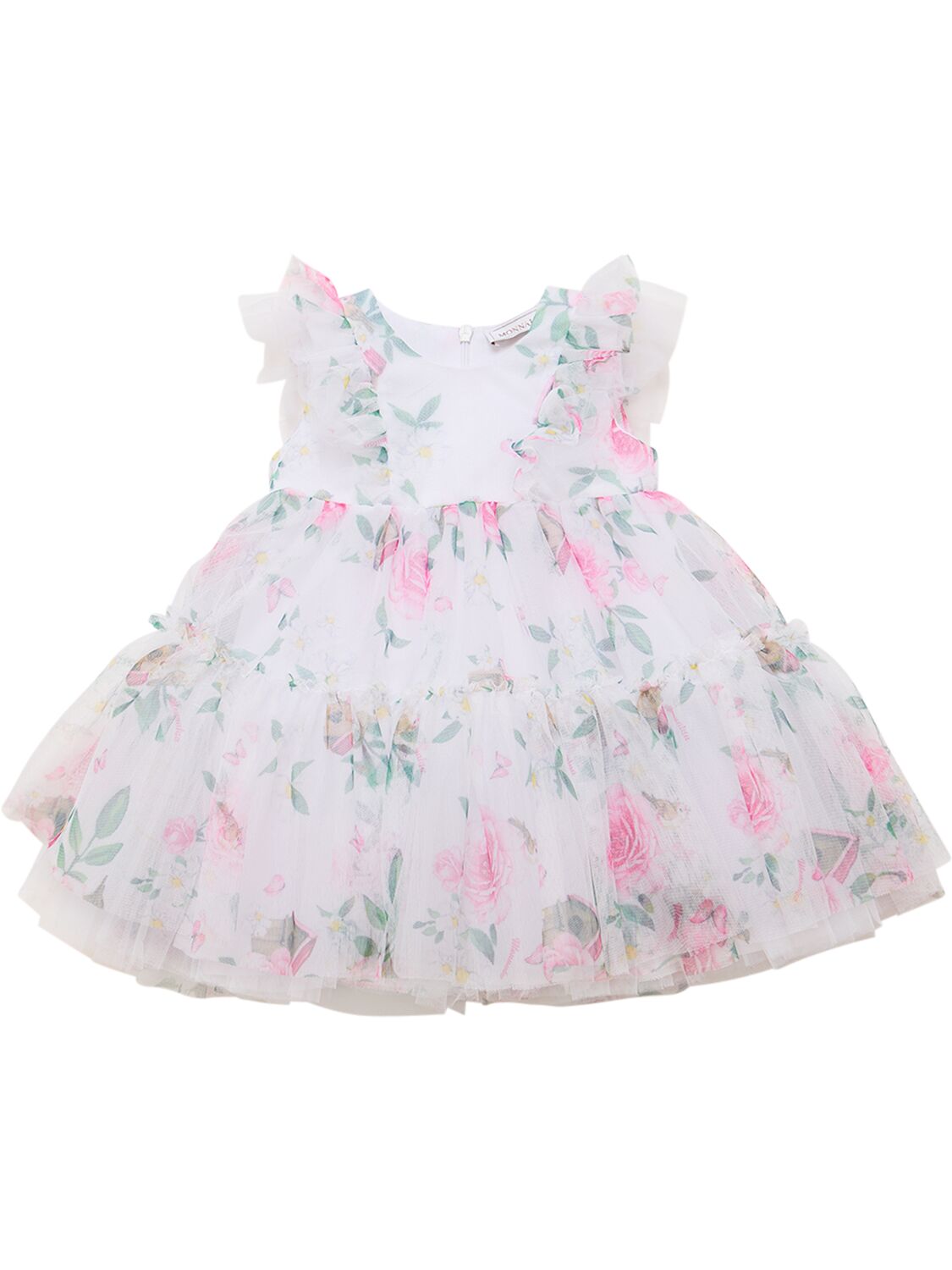 Monnalisa Kids' Flower Printed Tulle Party Dress In White