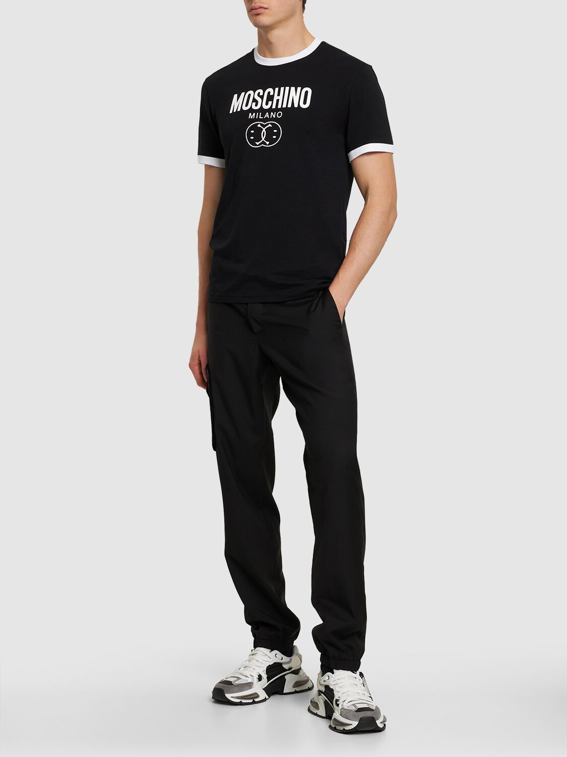 Shop Moschino Logo Print Stretch Cotton Jersey T-shirt In Black,white