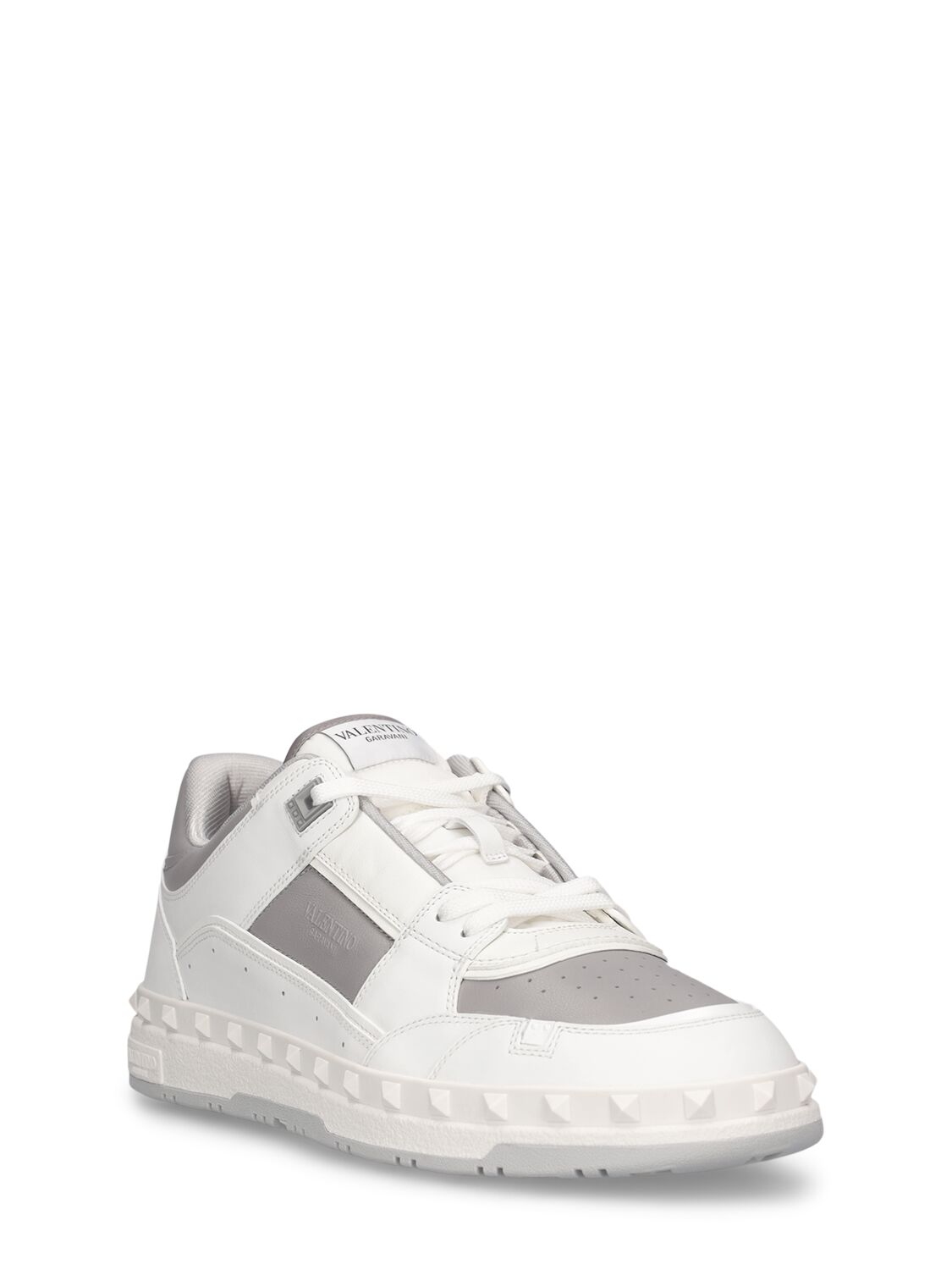 Shop Valentino Freedots Leather Low Top Sneakers In White,grey