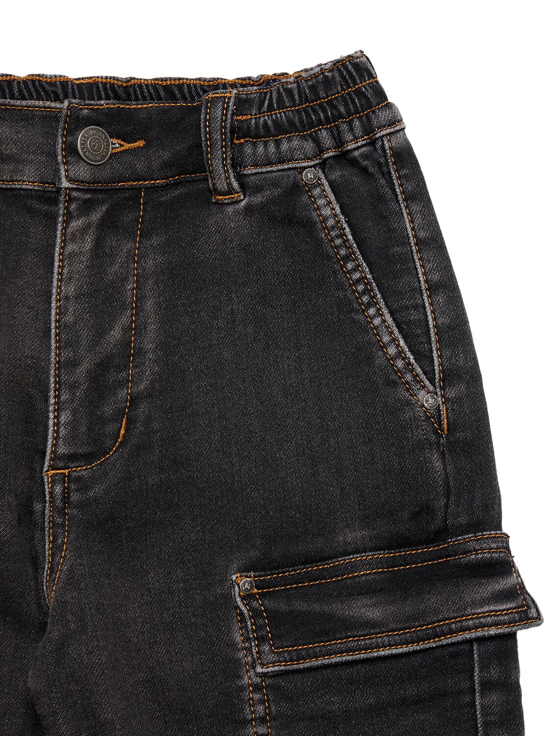 Shop Monnalisa Cotton Denim Cargo Shorts In Black