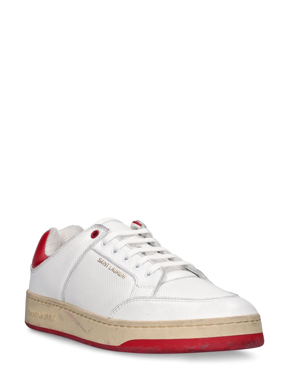 Shop Saint Laurent Sl/61 Leather Sneakers In White,red