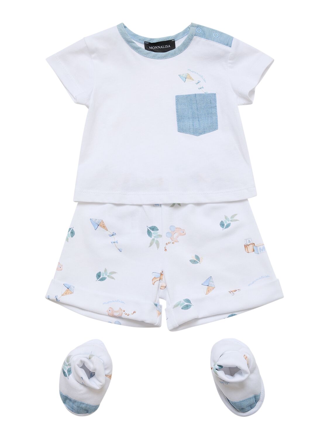 Monnalisa Babies' 棉质平纹针织t恤、短裤和袜子 In White