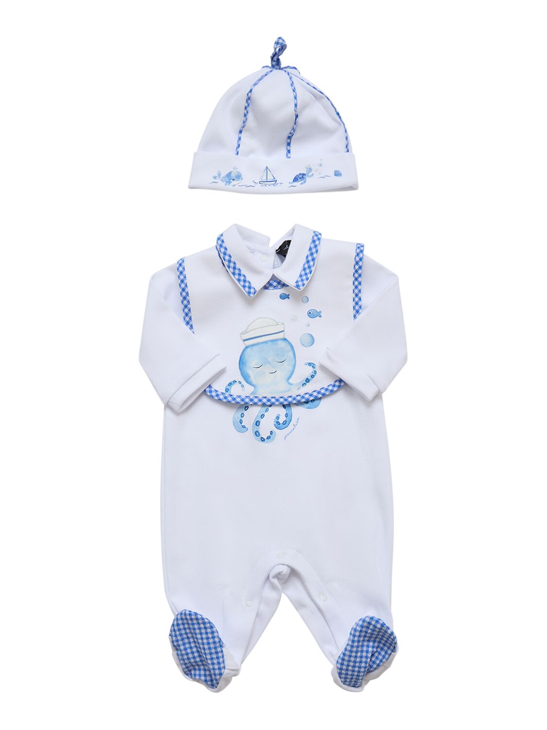 Monnalisa Babies' Cotton Interlock Romper, Hat &  Bib In White,blue