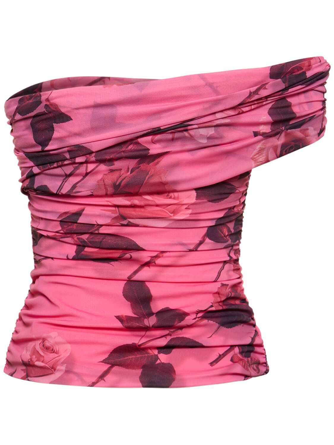 Shop Blumarine Rose Printed Jersey One Shoulder Top In Multi,pink