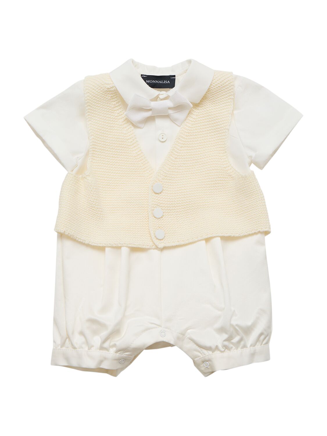 Monnalisa Babies' Cotton Romper W/satin Waistcoat In White,beige