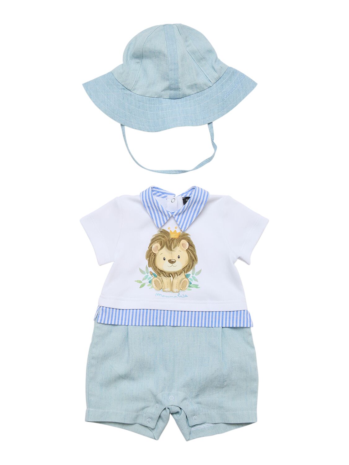Monnalisa Babies' Cotton Interlock Romper & Hat In White,light Blue