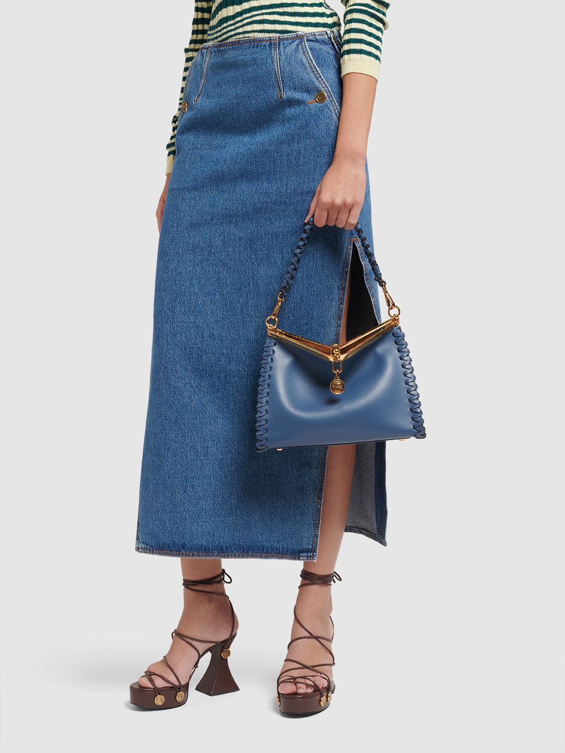 Shop Etro Medium Vela Braided Leather Bag In Blue