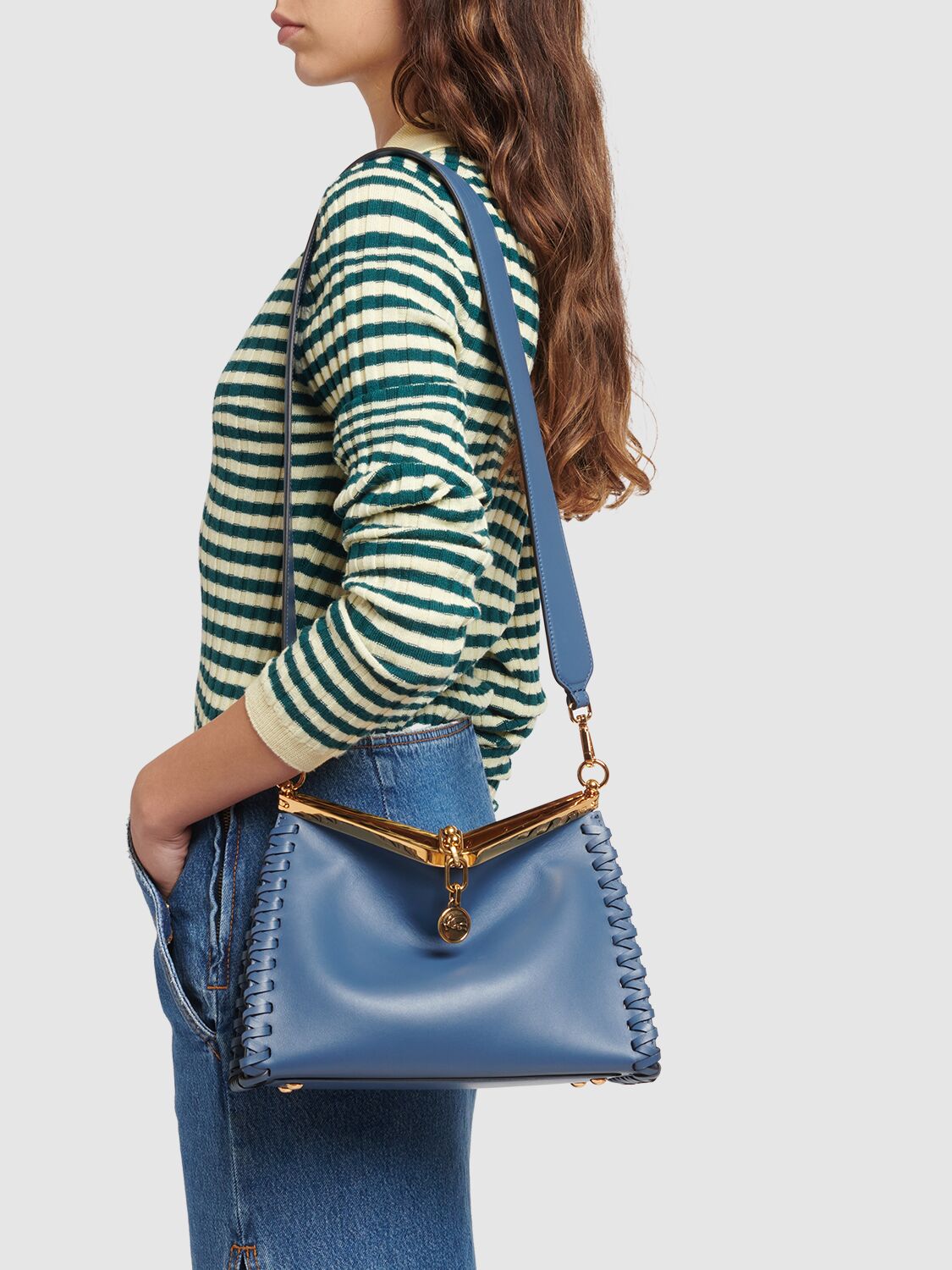 Shop Etro Medium Vela Braided Leather Bag In Blue