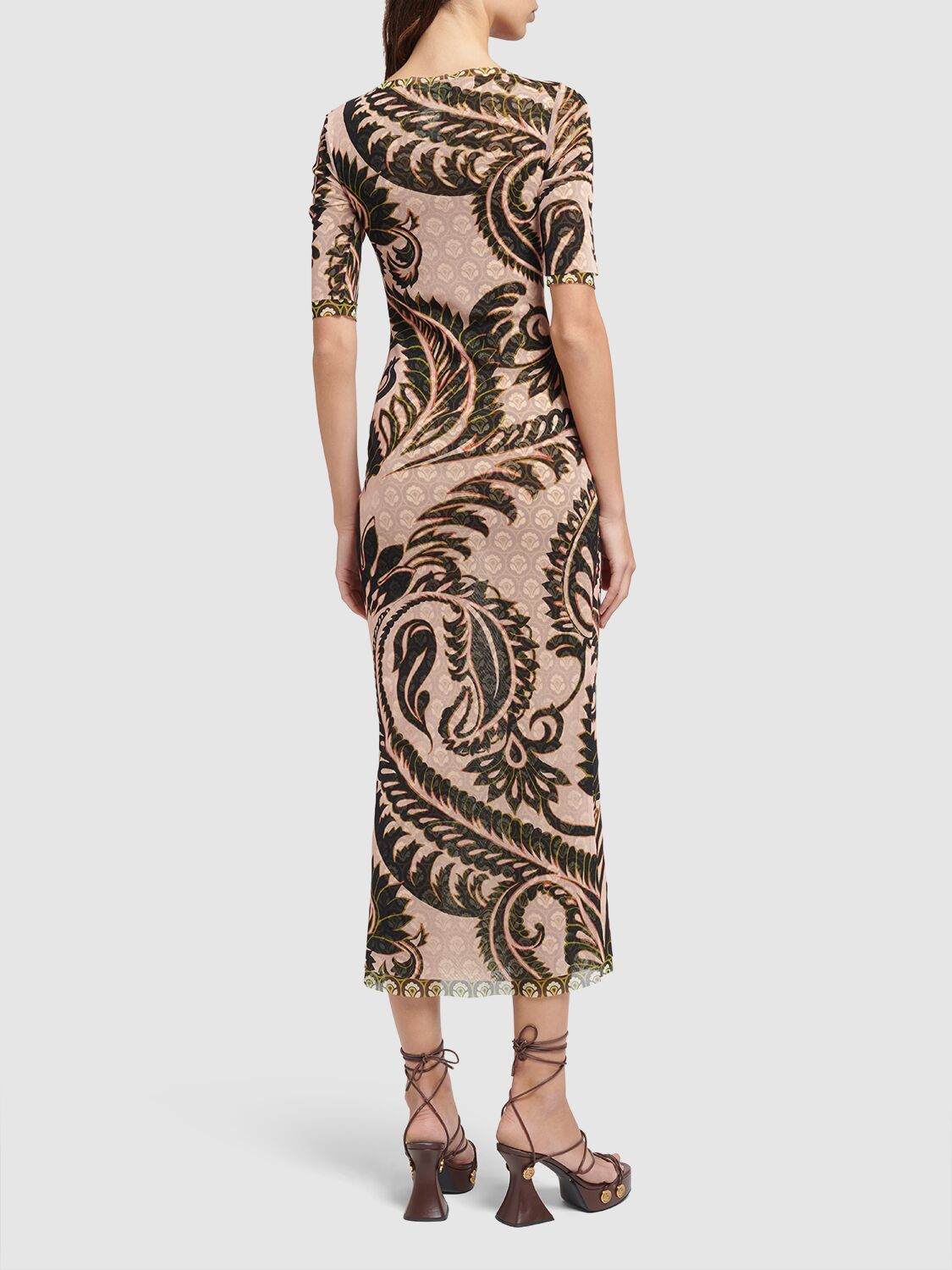 Shop Etro Mesh Short Sleeve Long Dress In Green,multi