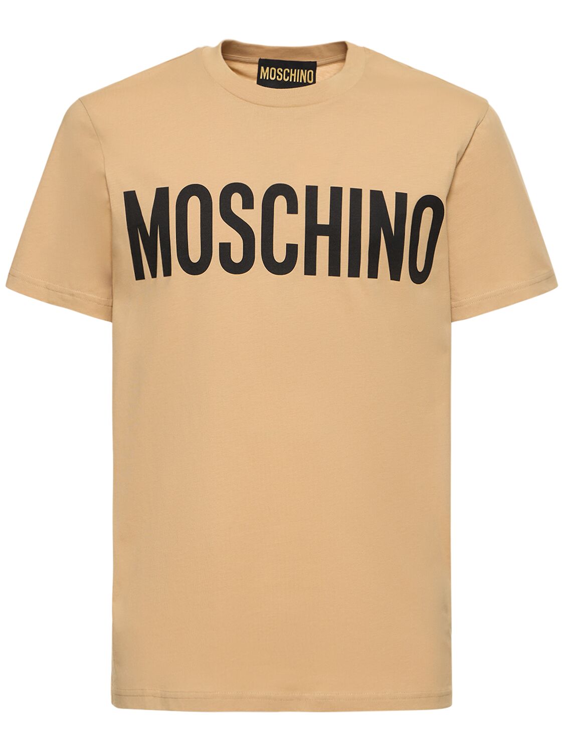 Moschino Logo印花有机棉平纹针织t恤 In Beige