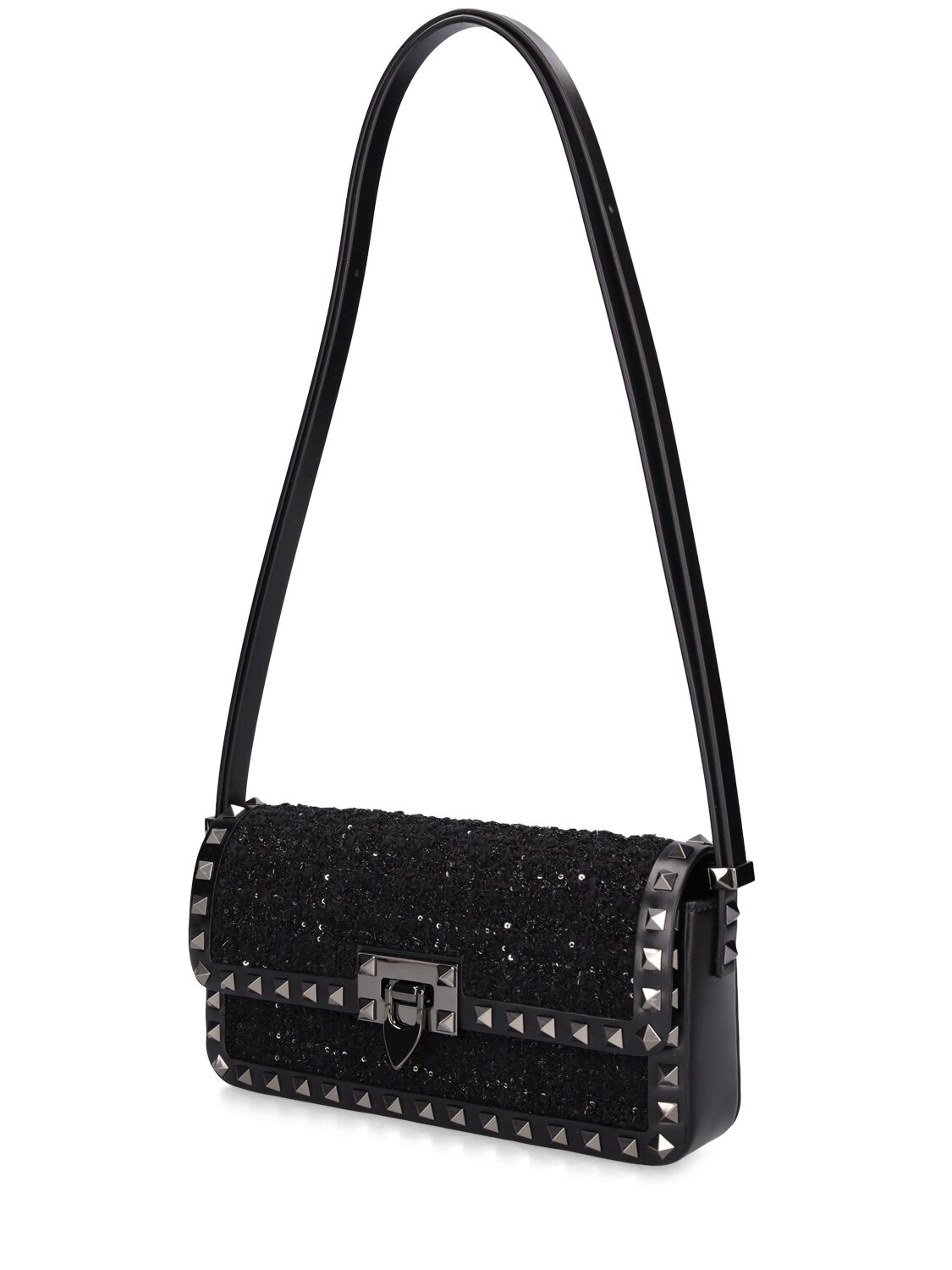 Shop Valentino E/w Rockstud Bouclé Shoulder Bag In Black