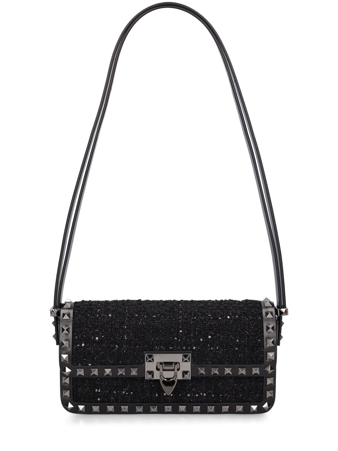 Shop Valentino E/w Rockstud Bouclé Shoulder Bag In Black