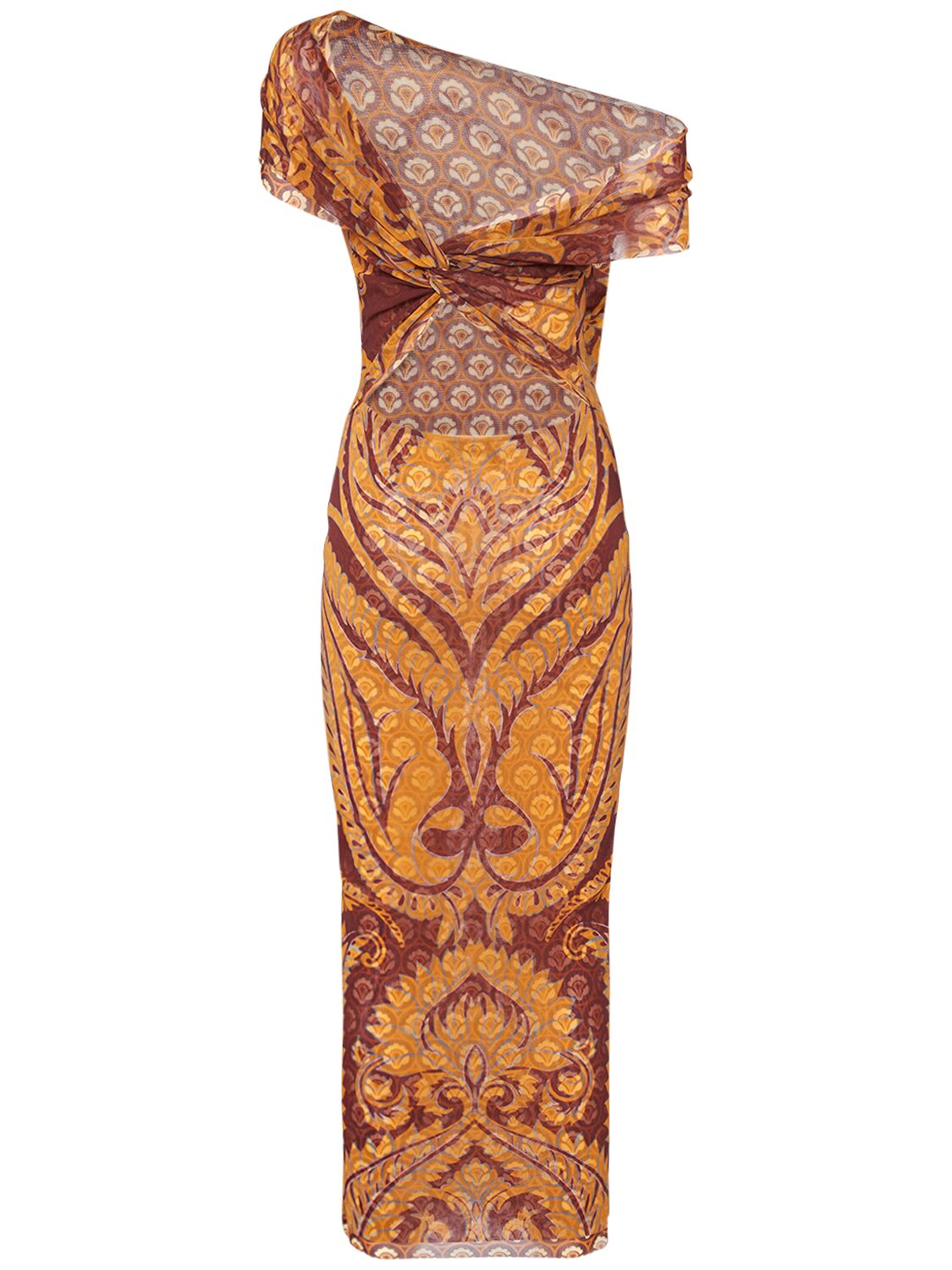 Shop Etro Printed Mesh Dress In Brown,multi