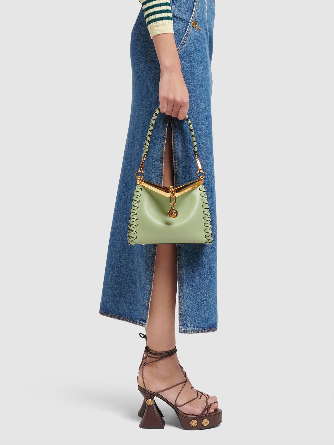 Shop Etro Small Vela Braided Leather Bag In Green