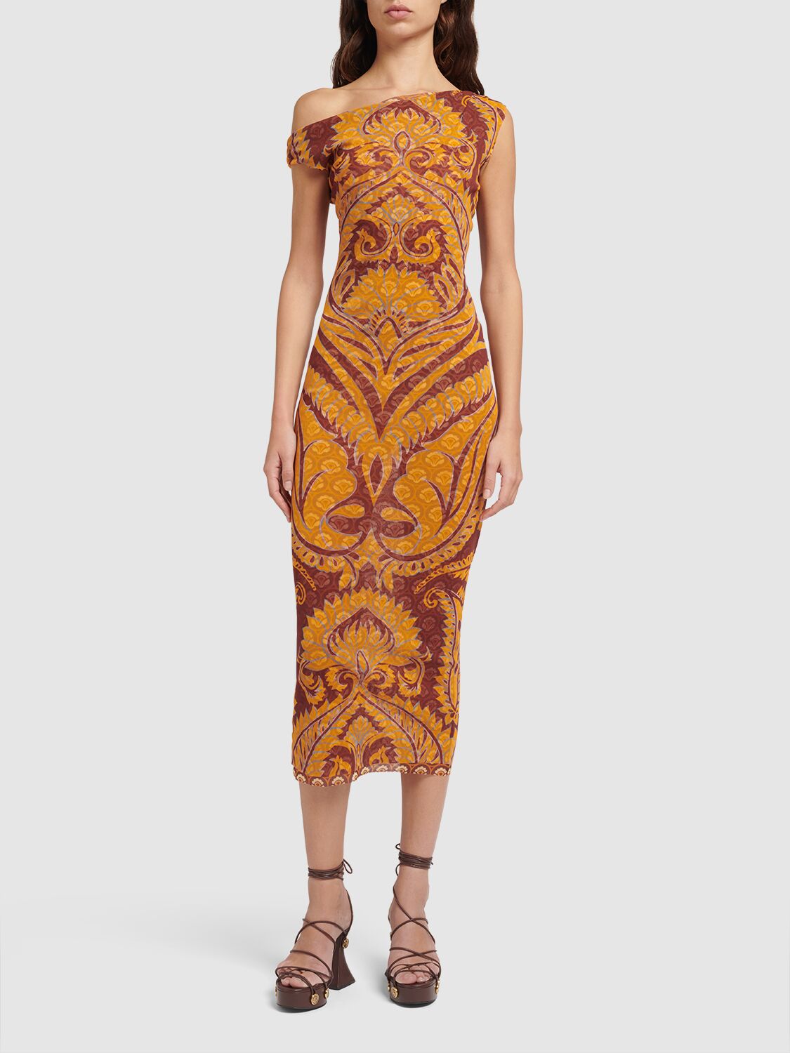 Shop Etro Printed Mesh Dress In Brown,multi