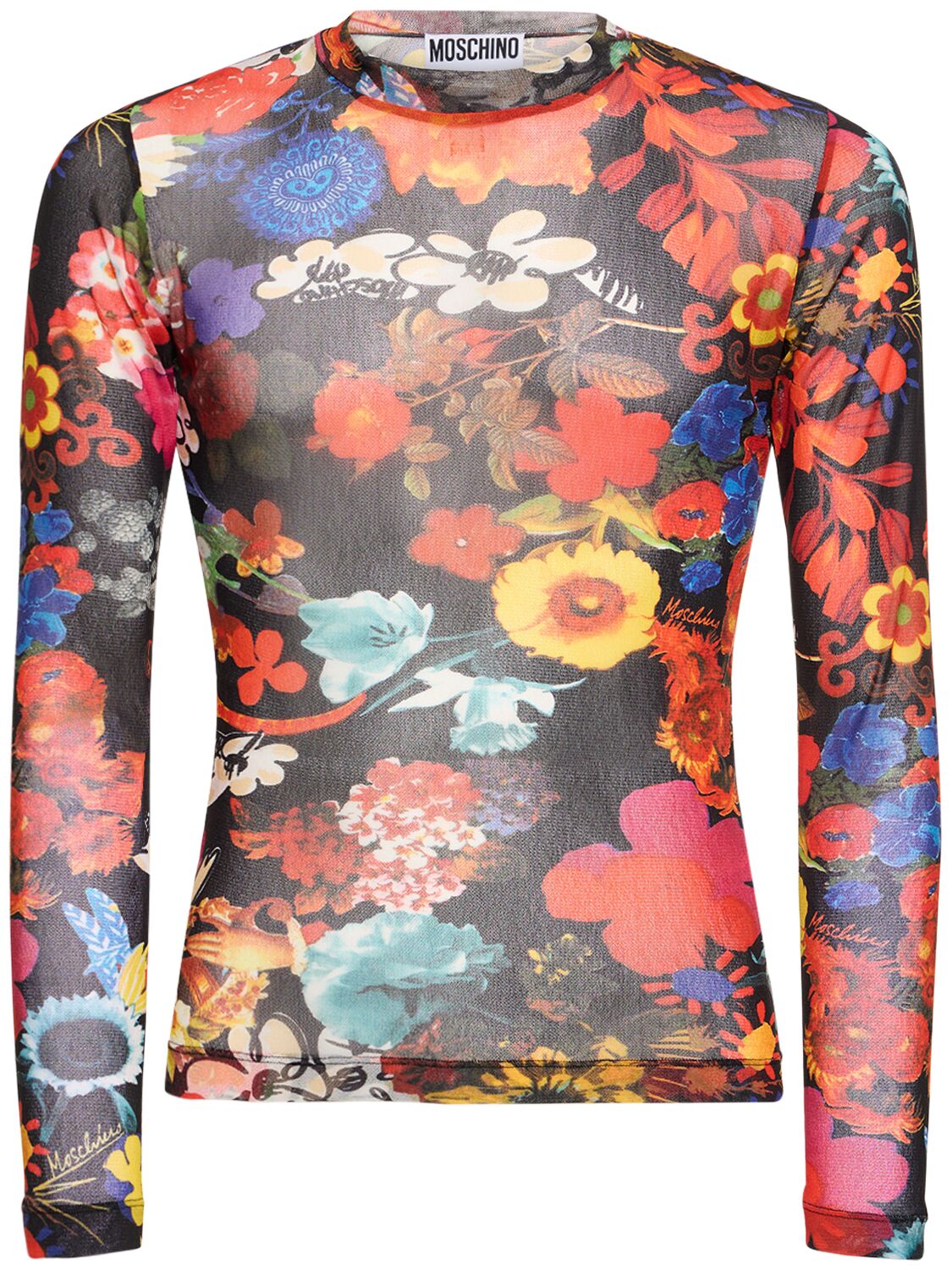 Moschino Flower Print Long Sleeve Mesh Top In Multicolor