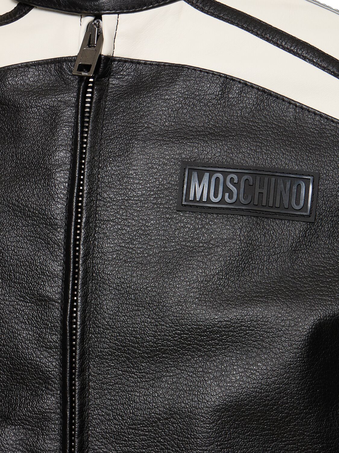 Shop Moschino Logo Leather Biker Jacket In Black