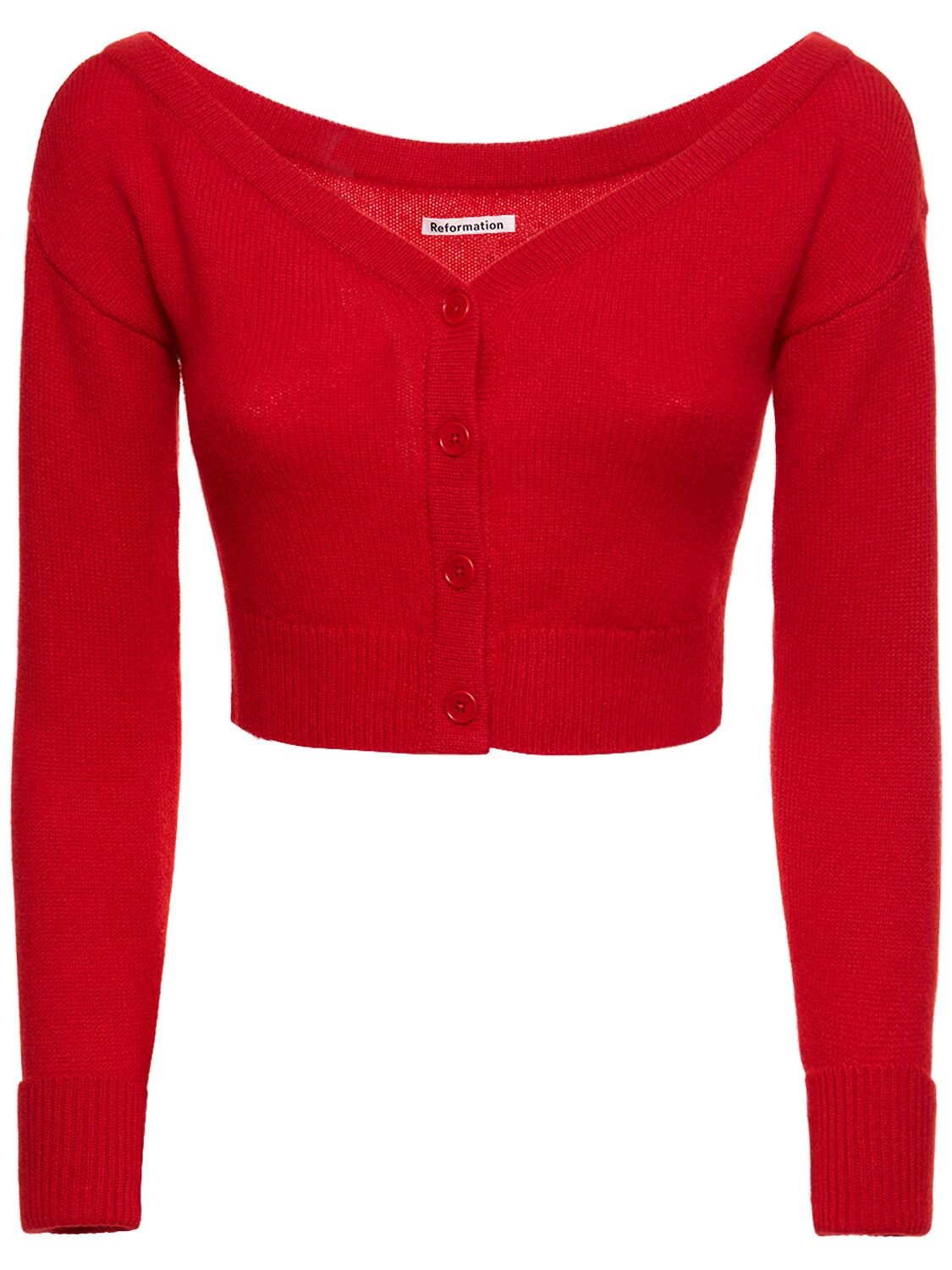 Shop Reformation Millie Cashmere Off-he-shoulder Cardigan In Red