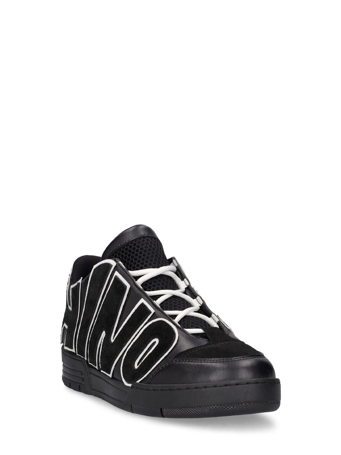Shop Moschino Logo Leather Mid Top Sneakers In Black,white