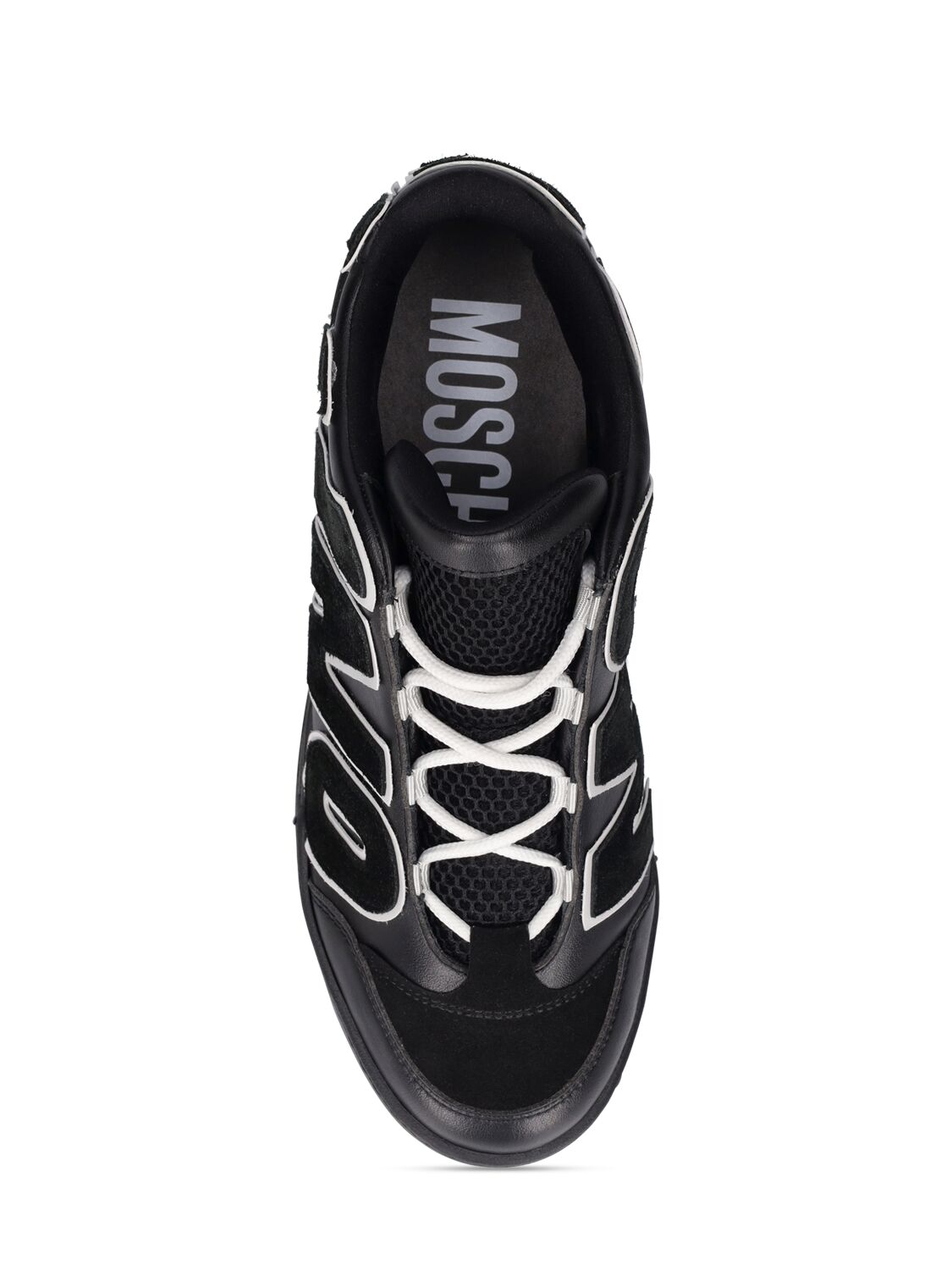 Shop Moschino Logo Leather Mid Top Sneakers In Black,white