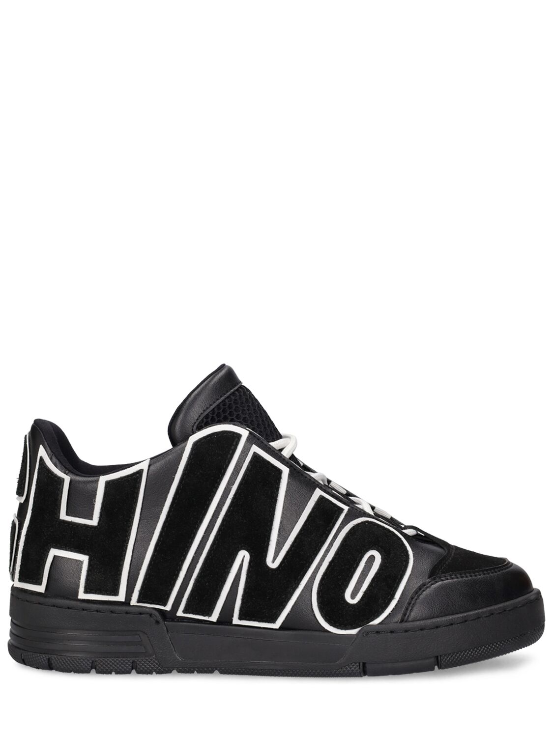 Moschino Logo Leather Mid Top Trainers In Black,white