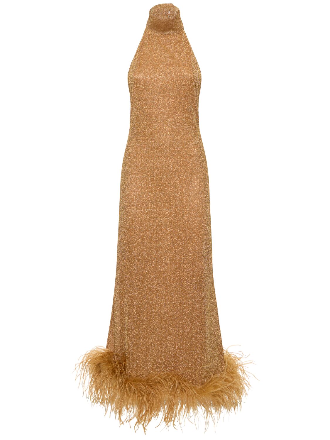 Oséree Swimwear Lumière Lurex Long Dress W/ Feathers In Gold