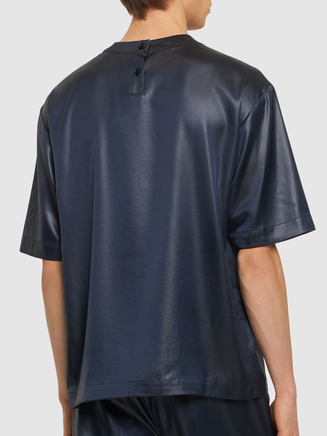 Shop Nanushka Boxy Tech Satin T-shirt In Navy