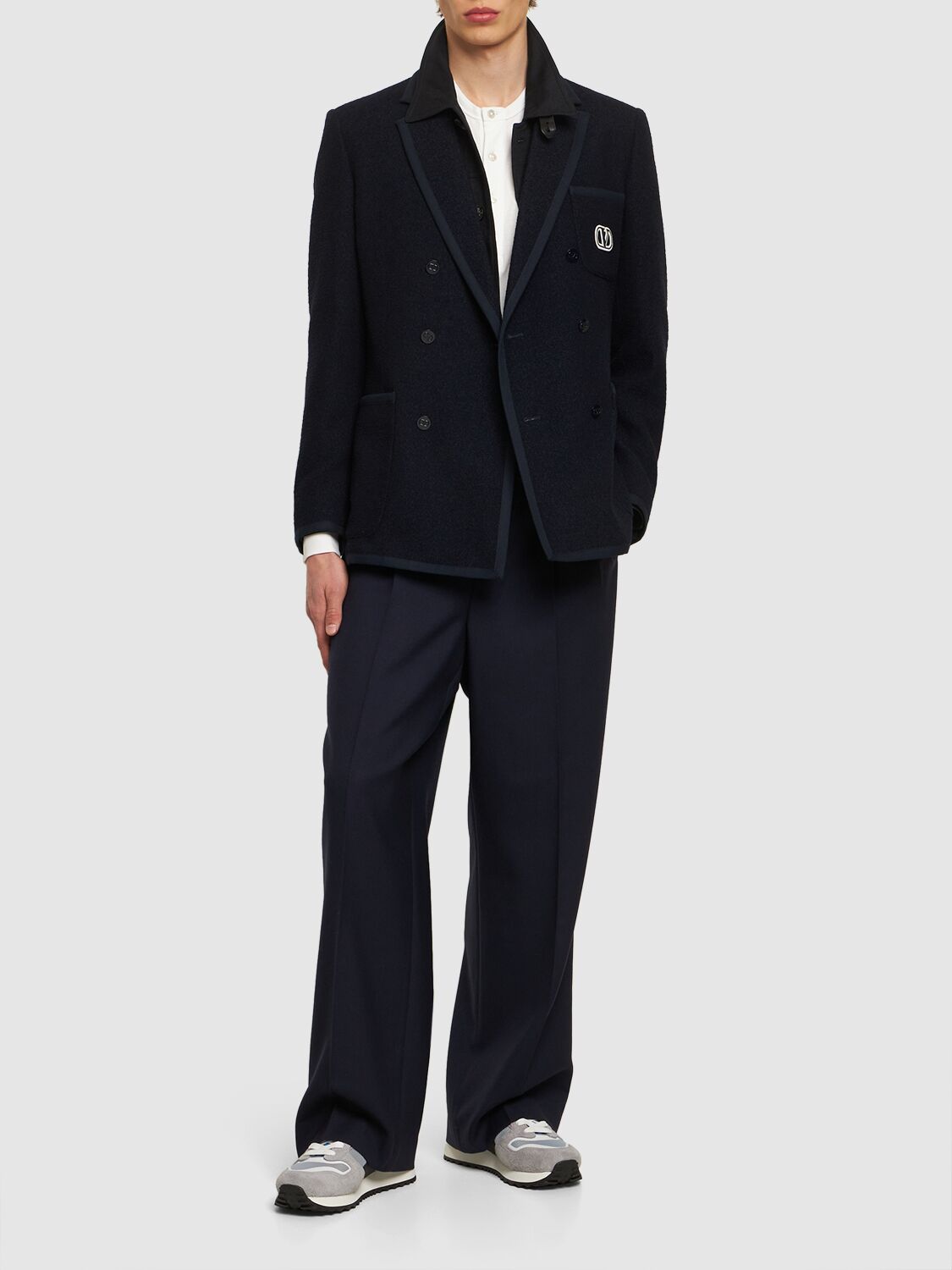 Shop Valentino Double Breast Tweed Blazer In Navy