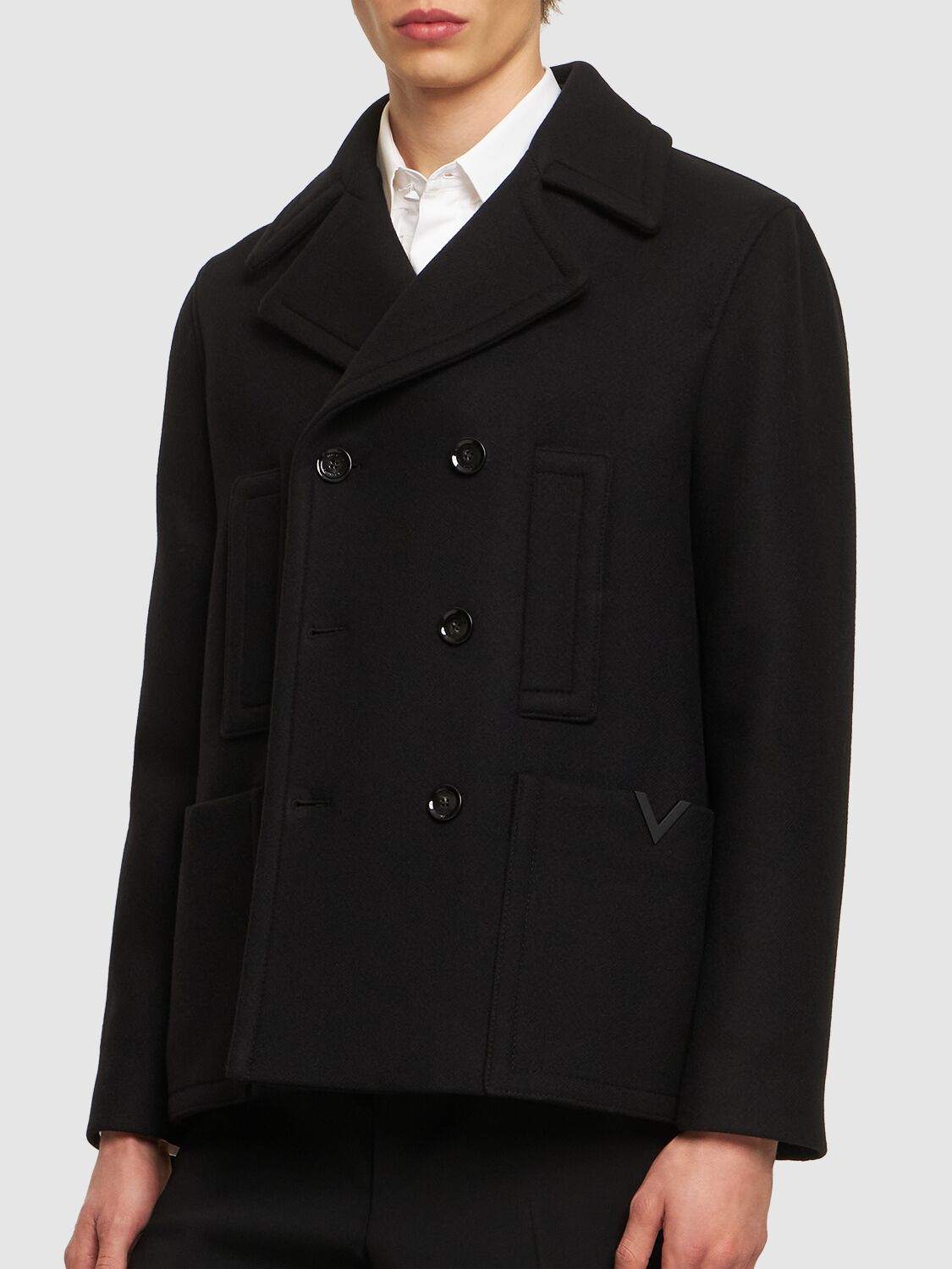 Shop Valentino Double Wool Peacoat In Black