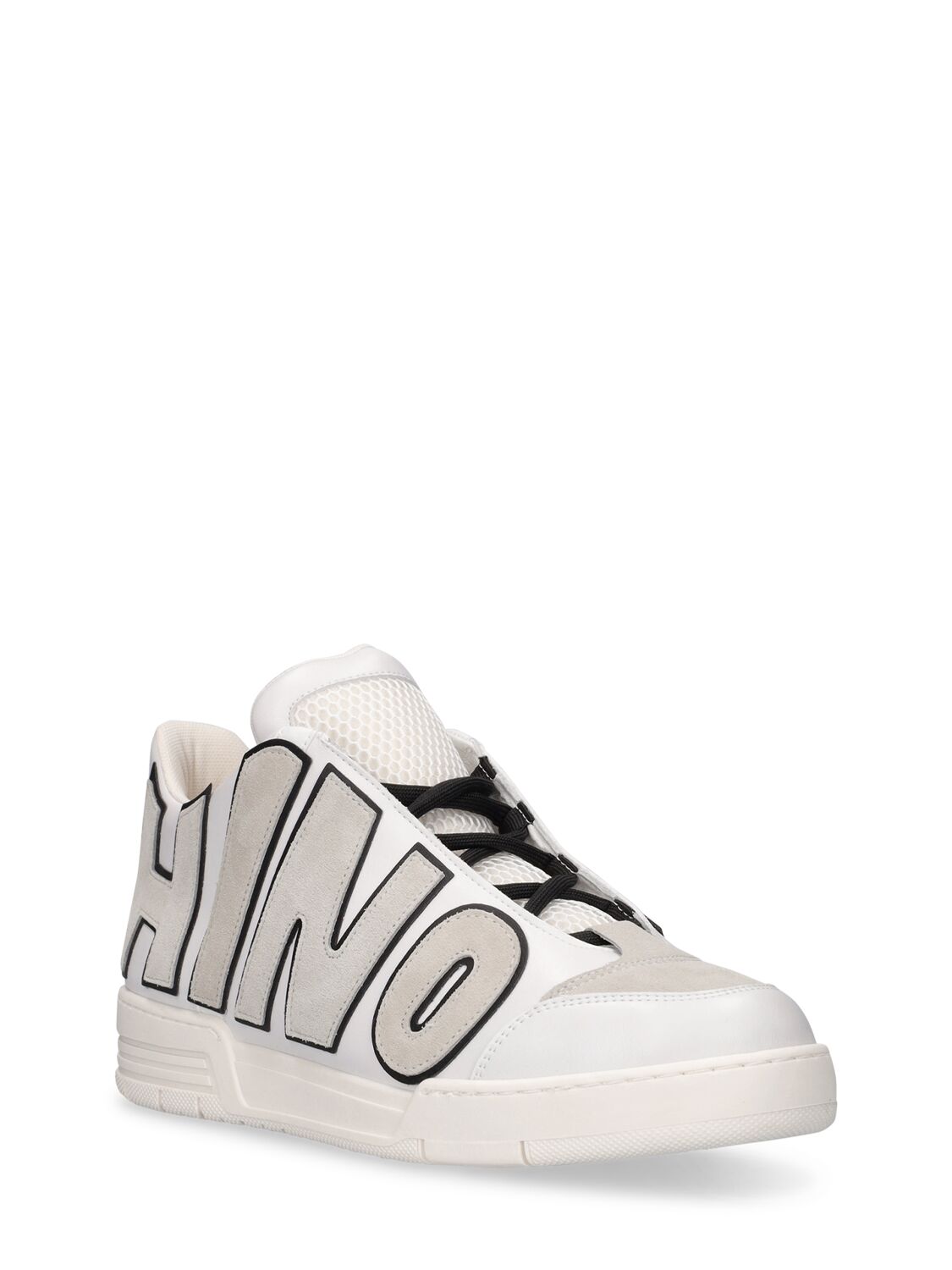 Shop Moschino Logo Leather Mid Top Sneakers In White,beige