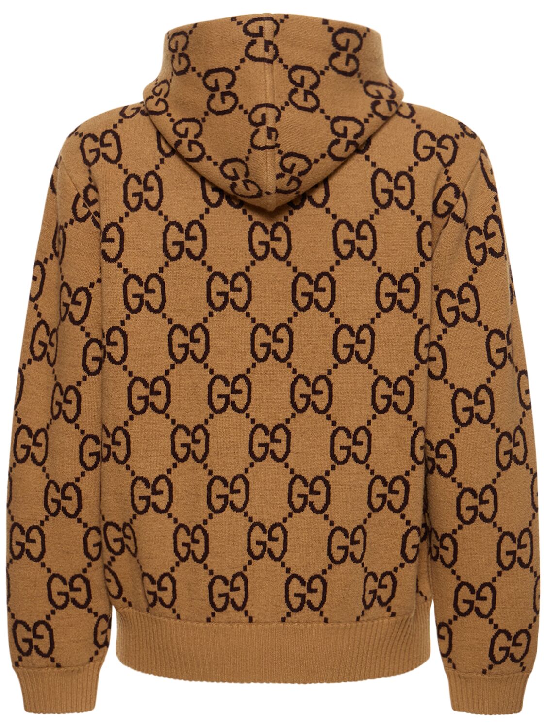 Shop Gucci Gg Wool Blend Knit Hoodie In Camel,chocolate