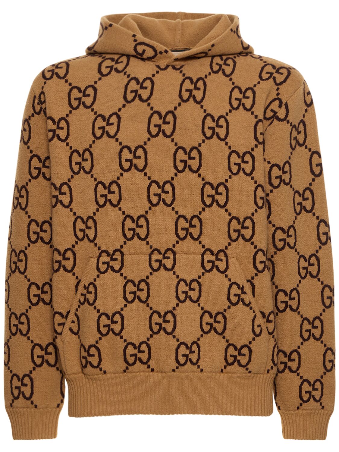Shop Gucci Gg Wool Blend Knit Hoodie In Camel,chocolate